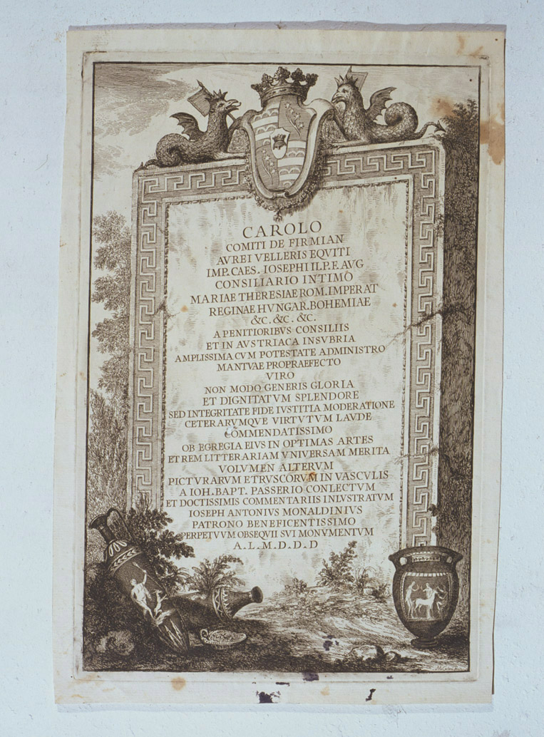 lapide con iscrizione (stampa) di Carlone Marco Gregorio (sec. XVIII)