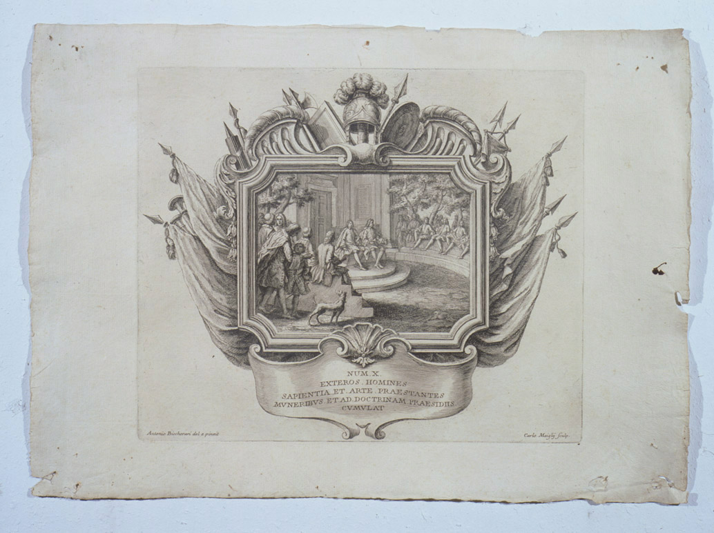 interno con figure (stampa, serie) di Bicchierai Antonio, Maiglij Carlo (prima metà sec. XVIII)