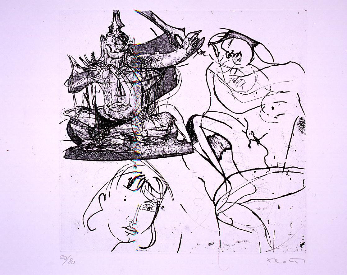 totem; figura femminile nuda; testa di donna (stampa) di Trotti Sandro (sec. XX)