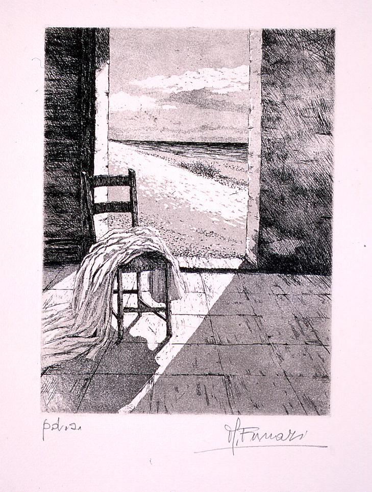 stanza; sedia; lenzuolo; spiaggia (stampa) di Funari Maria Pia (ultimo quarto sec. XX)