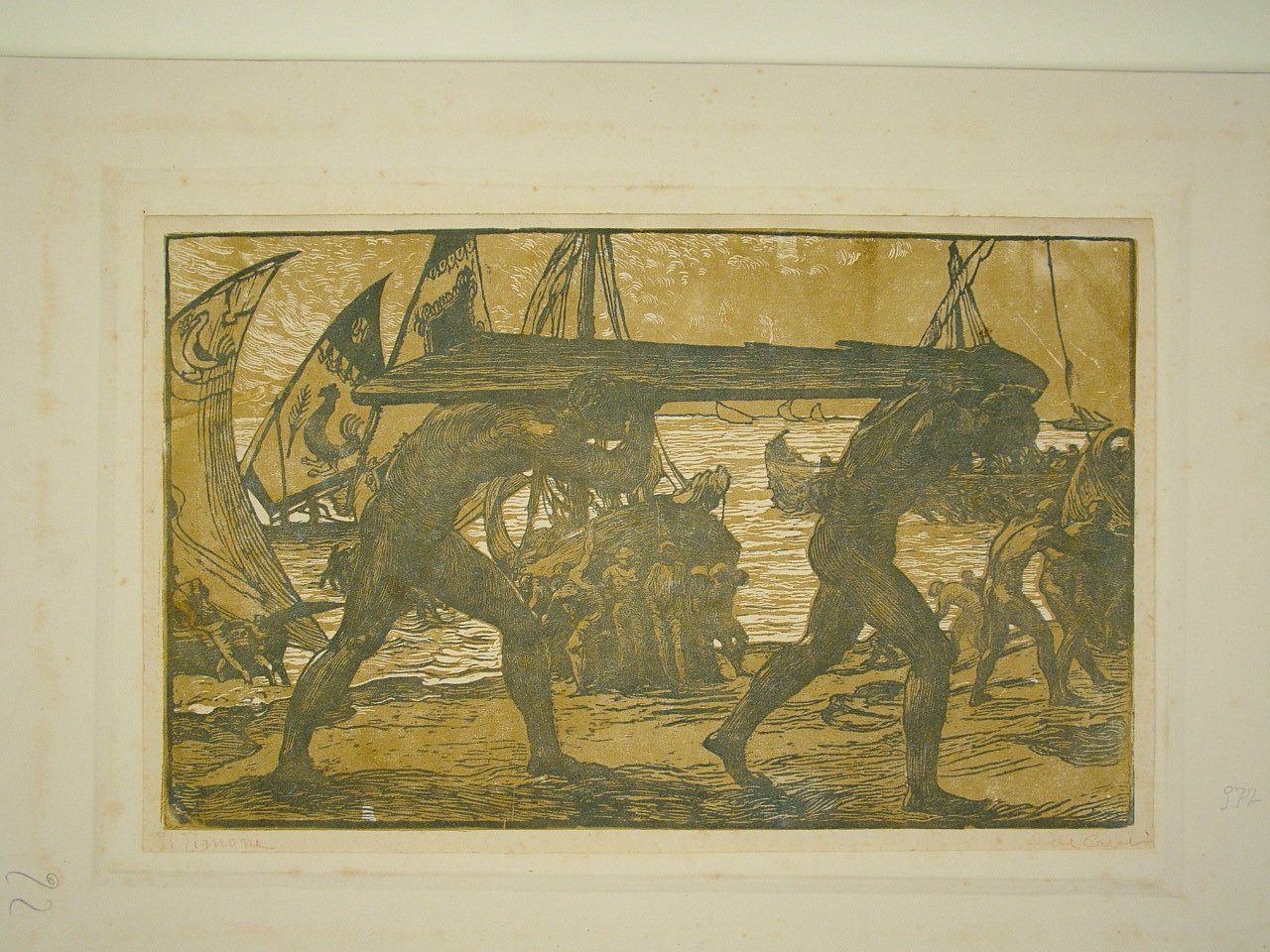 Il Timone, marina con pescatori e barche (stampa) di De Carolis Adolfo (attribuito) (primo quarto sec. XX)