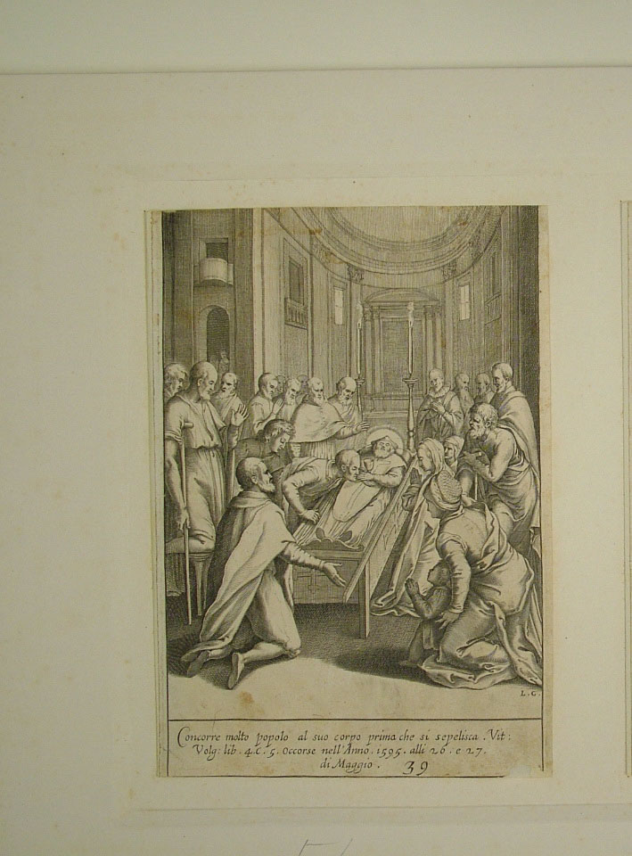 San Filippo Neri defunto è vegliato dal popolo (stampa smarginata, elemento d'insieme) di Reni Guido (attribuito), Ciamberlano Luca (attribuito) (primo quarto sec. XVII)