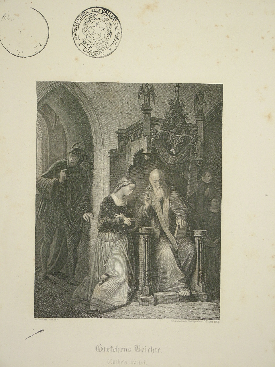 Confessione di Margherita, interno di chiesa con figure (stampa) di Planer Gustav (terzo quarto sec. XIX)