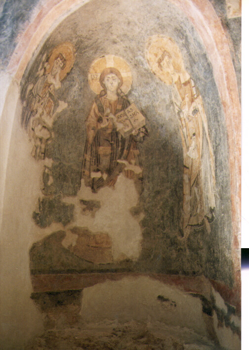 Cristo imberbe fra santi Lorenzo e Stefano (dipinto, frammento) - ambito beneventano (sec. IX)