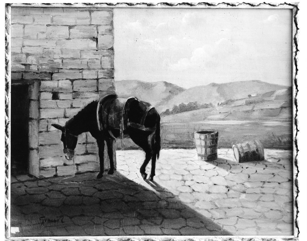 l'asinello, paesaggio con casa e asinello (dipinto, opera isolata) di Guacci Corradino (sec. XX)