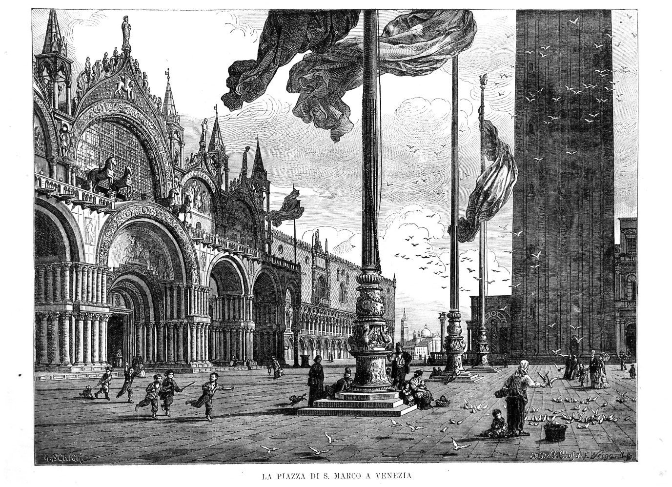 La piazza di S. Marco a Venezia, veduta di Venezia (stampa) di Schick Rudolf, Weigand F (sec. XIX)