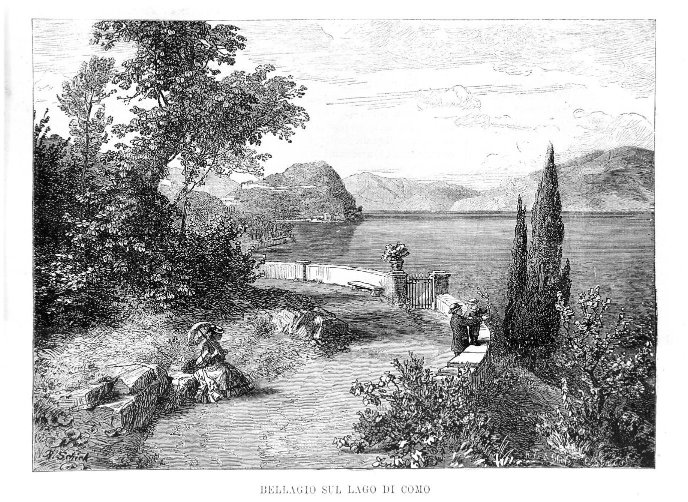 Bellagio sul lago di Como, veduta di Bellagio (stampa) di Schick Rudolf, Stand G (sec. XIX)