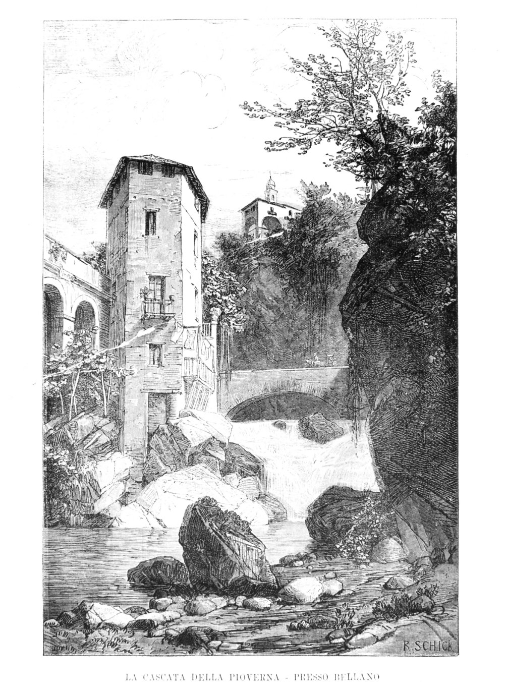 La cascata della Pioverna presso Bellano, la cascata della Pioverna (stampa) di Schick Rudolf (sec. XIX)