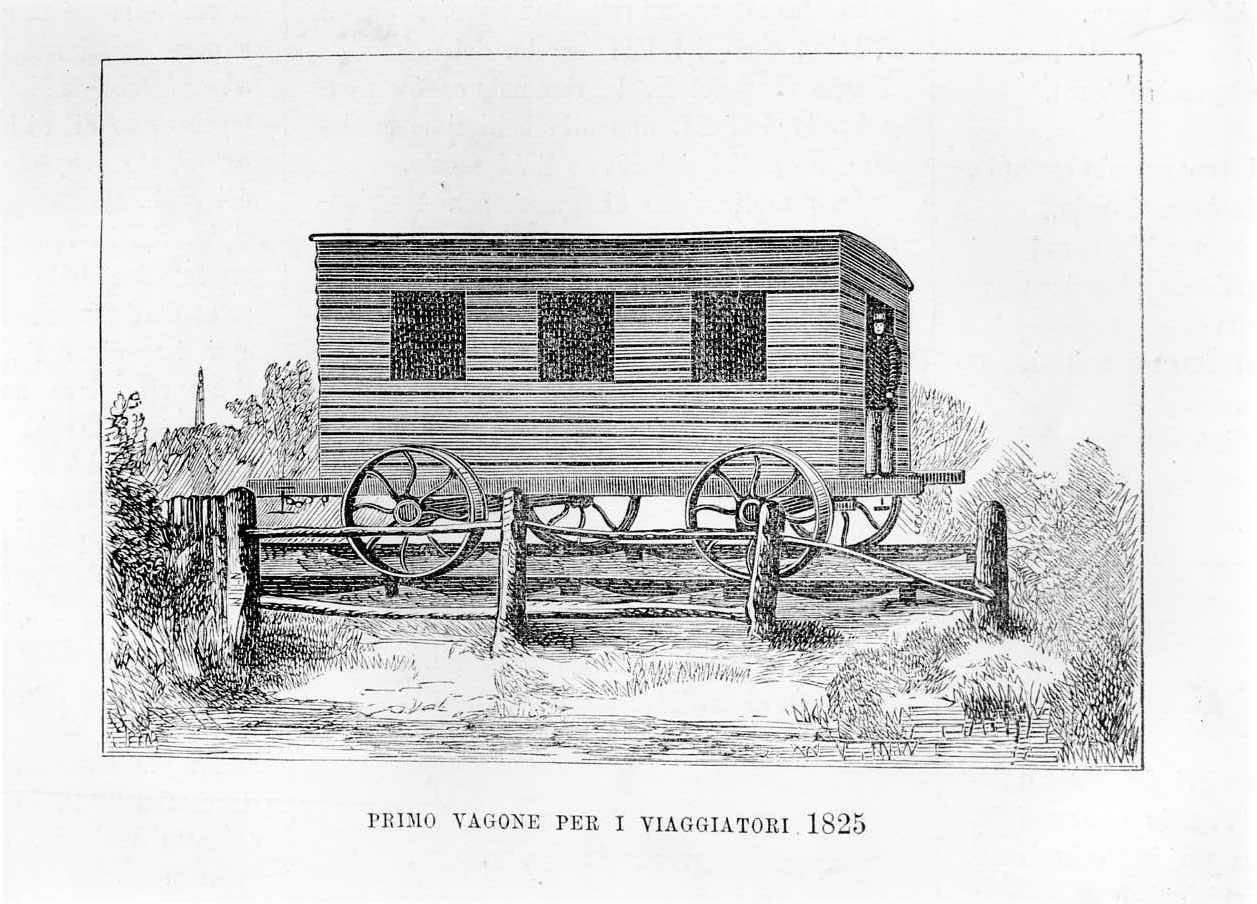 Primo vagone per i viaggiatori del 1825, vagone ferroviario del 1825 (stampa) - ambito italiano (?) (sec. XIX)