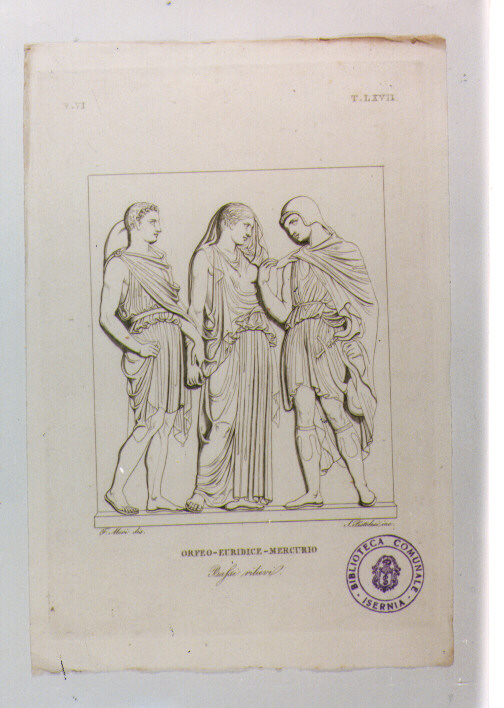 BASSORILIEVO RAFFIGURANTE ORFEO, EURIDICE E MERCURIO (stampa) di Anonimo, Pistolesi Saverio, Mori Ferdinando (sec. XIX)