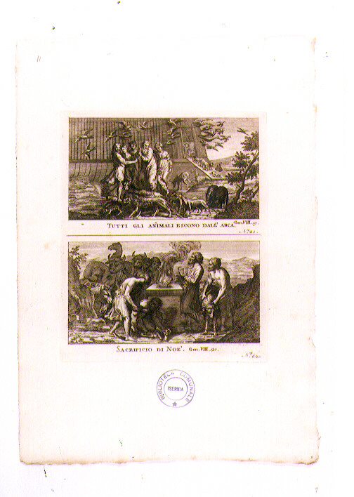 GLI ANIMALI ESCONO DALL'ARCA; SACRIFICIO DI NOE' (stampa) di Olivieri Bernardino (sec. XVIII)