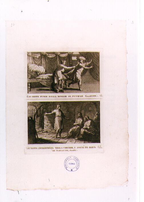 GIUSEPPE FUGGE DALLA MOGLIE DI PUTIFARRE; GIUSEPPE IN CARCERE INTERPRETA I SOGNI DI SERUL (stampa) di Olivieri Bernardino (sec. XVIII)