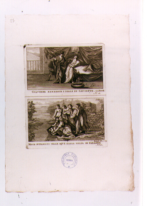 GIACOBBE BENEDICE I FIGLI DI GIUSEPPE; MOSE' RACCOLTO DALLE ACQUE DEL NILO (stampa) di Olivieri Bernardino (sec. XVIII)