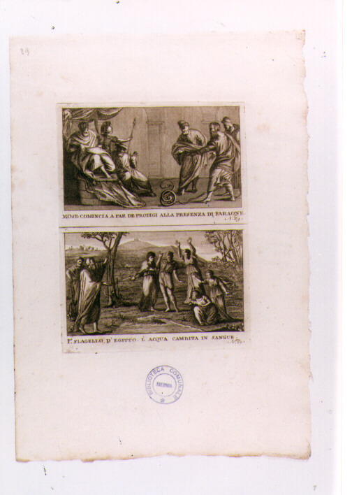 MOSE' DAVANTI AL FARAONE; L'ACQUA TRASFORMATA IN SANGUE (stampa) di Olivieri Bernardino (sec. XVIII)