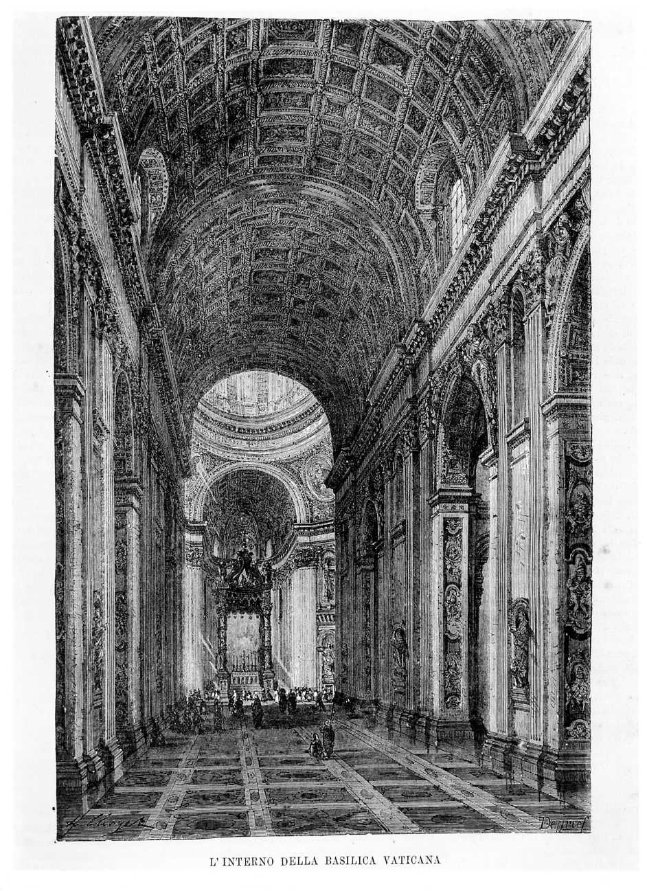 L'interno della basilica vaticana, l'interno della basilica di S. Pietro in Vaticano (stampa) di Nurget L, Degreef (sec. XIX)