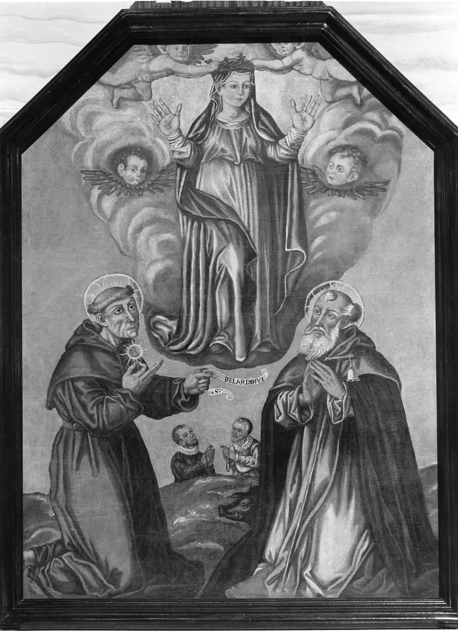 Madonna orante con S. Bernardino da Siena, S. Antonio Abate e committenti (dipinto) - bottega molisana (secc. XVII/ XVIII)