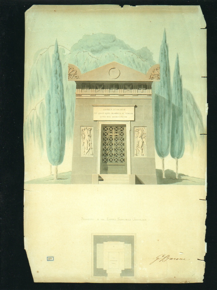 cappella funeraria gentilizia - prospetto e pianta (disegno architettonico, elemento d'insieme) di Barone Giuseppe (sec. XIX)