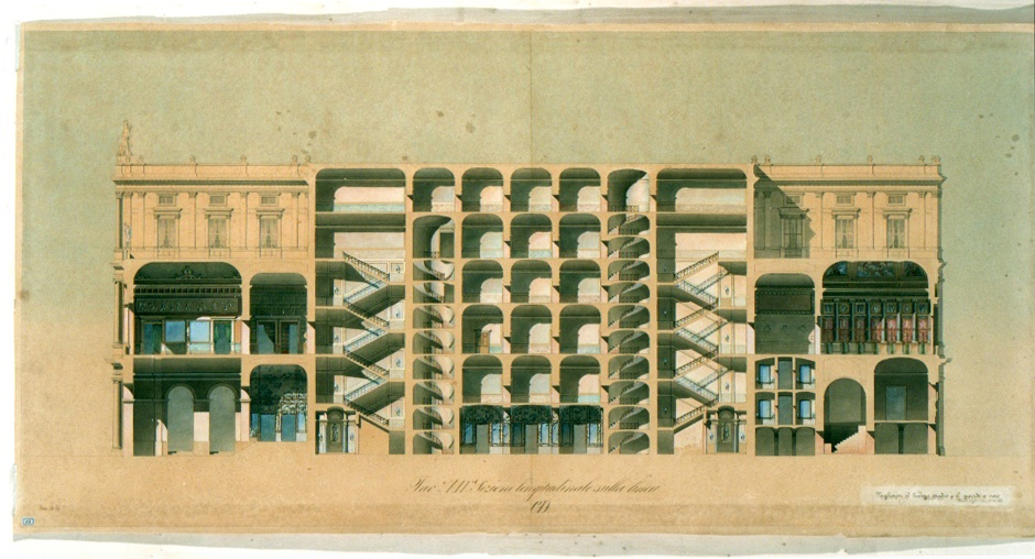 Tav. XII - Sezione longitudinale sulla linea CD, progetto Teatro Massimo - Palermo (disegno architettonico, elemento d'insieme) di Barone Giuseppe (sec. XIX)