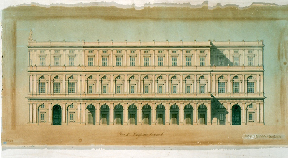 Tav. II - Prospetto laterale, progetto Teatro Massimo - Palermo (disegno architettonico, elemento d'insieme) di Barone Giuseppe (sec. XIX)