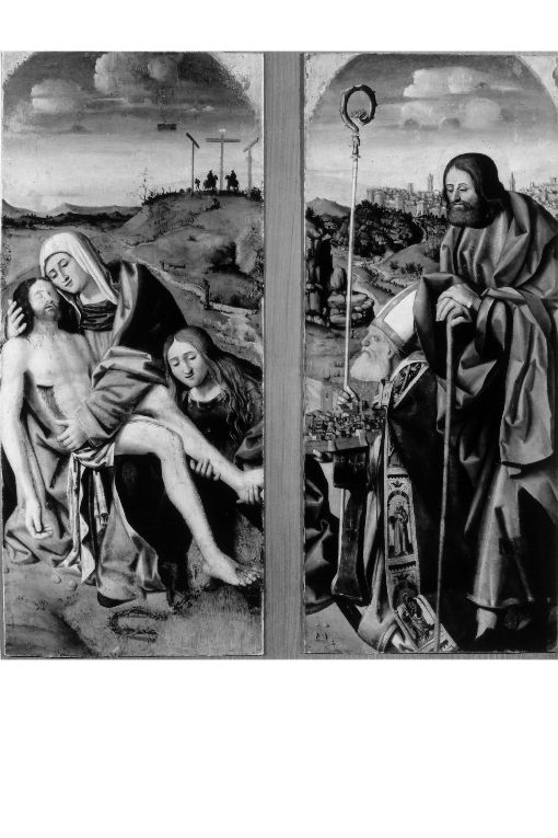 Pietà con Maria Maddalena, San Riccardo e San Giacomo minore (?) (dittico) di Costantino da Monopoli (inizio sec. XVI)