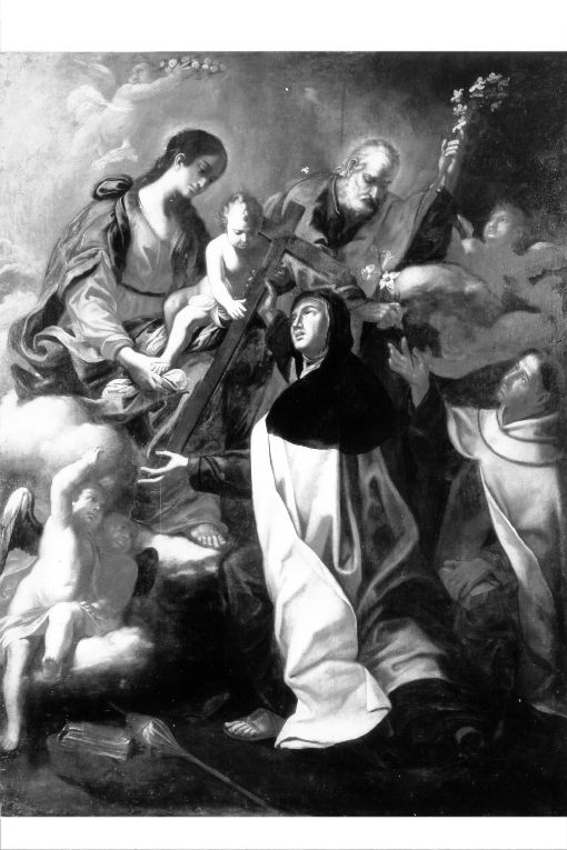 Sacra Famiglia con santa Teresa e San Giovanni della Croce (dipinto) di Manfredi Giuseppe Andrea (fine sec. XVII)