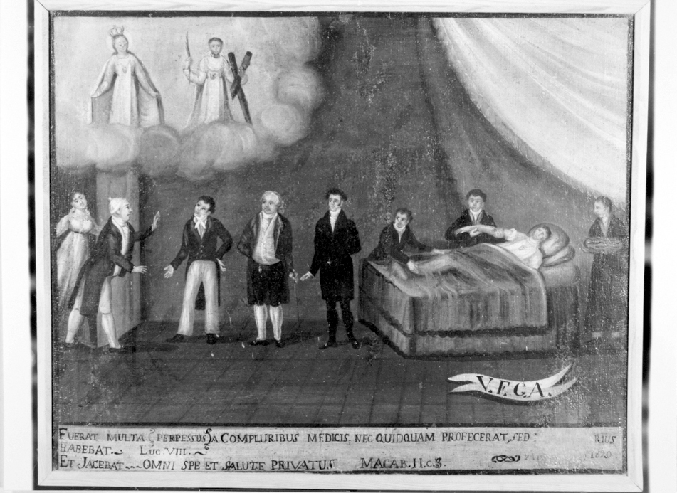 Otto persone intorno ad un mercedario disteso sul letto; madonna della mercede e san serapio (ex voto)