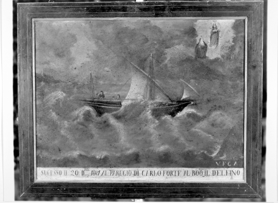 Barca nella tempesta; madonna di bonaria e due santi (ex voto)