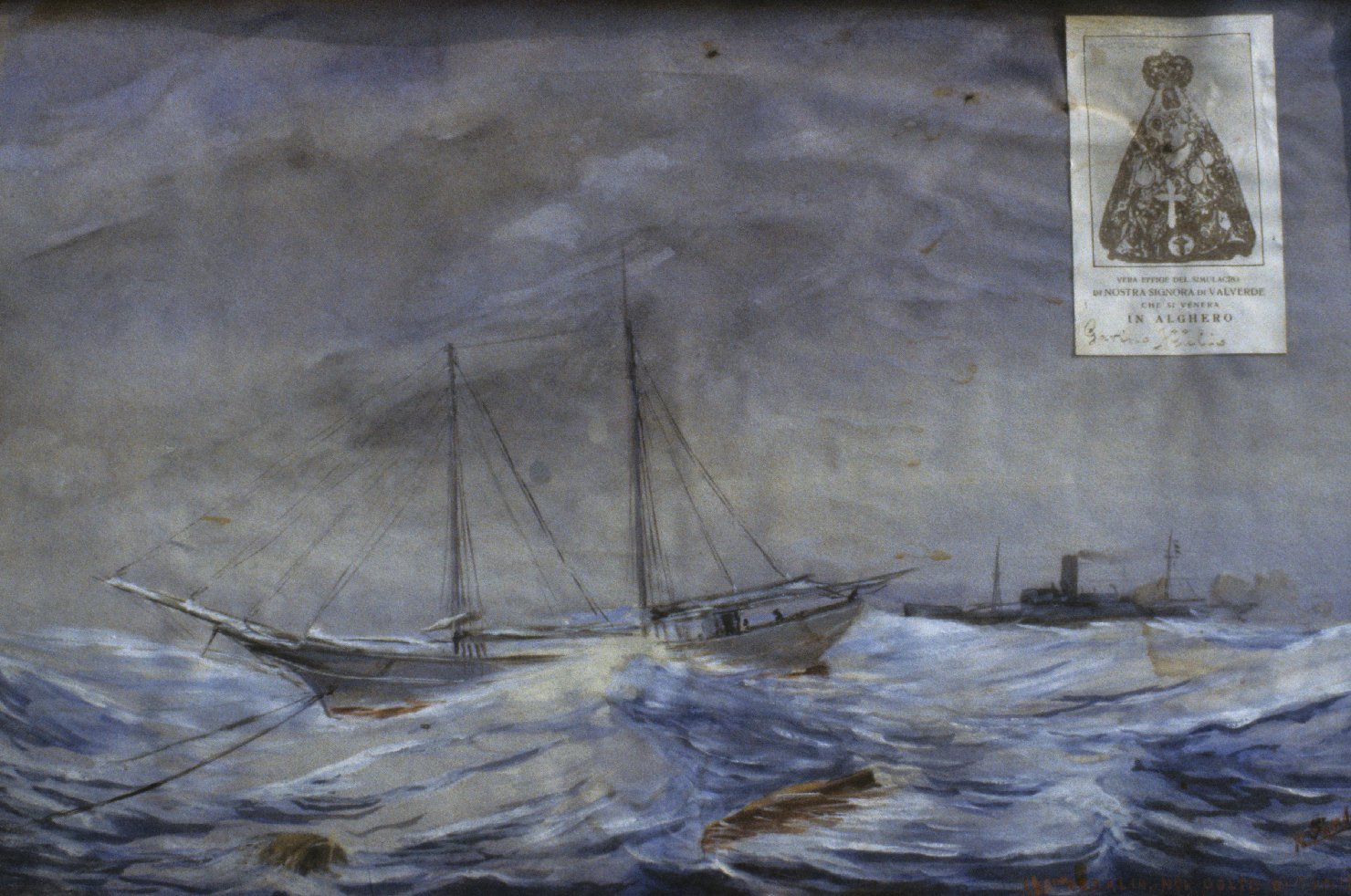 Il veliero "rosalia" nel golfo di tunisi durante il ciclone, intervento salvifico della vergine di valverde in un naufragio (ex voto dipinto)