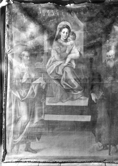 MADONNA CON BAMBINO IN TRONO CON SAN PIETRO E SANT'ANTONIO ABATE (dipinto) - ambito italiano (secc. XVI/ XVII)
