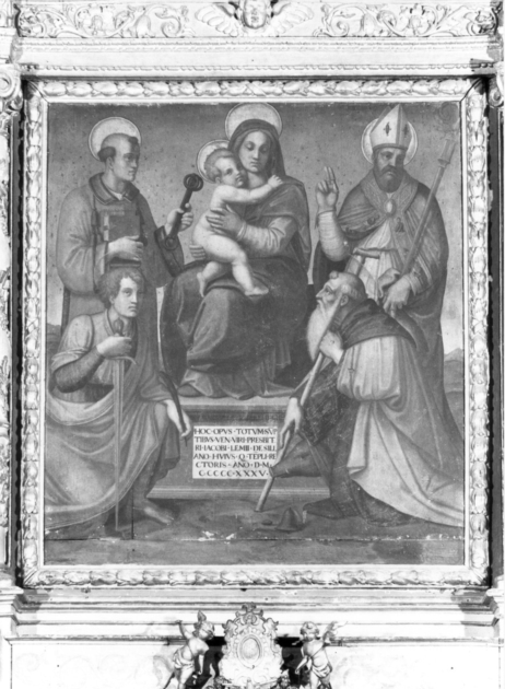 Madonna con Bambino in trono tra San Paolo (?), San Leonardo,Santo vsecovo e Sant'Antonio da Padova (dipinto) - ambito toscano (sec. XVI)
