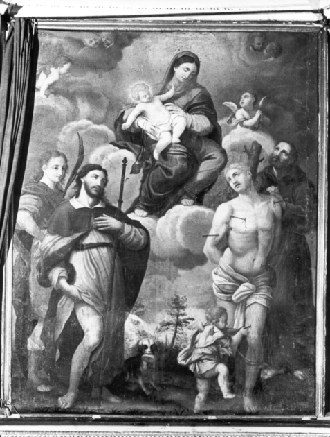 Madonna con Bambino, San Rocco, San Ginese, San Sebastiano e San Francesco d'Assisi (dipinto) - ambito lucchese (sec. XIX)
