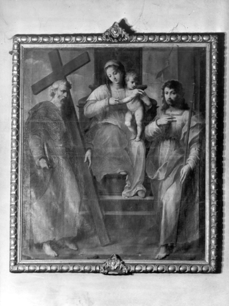 MADONNA CON BAMBINO IN TRONO CON SAN PIETRO E SAN GIOVANNI (dipinto) - ambito italiano (sec. XVI)