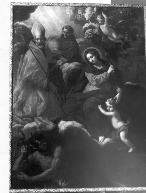 Madonna con Bambino in gloria che sconfigge Satana con San Frediano e San Bernardino da Siena (dipinto) - ambito toscano (sec. XVIII)
