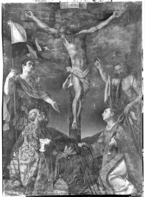 crocifissione di Cristo con Sant'Ansano, San Marcellino papa, San Lorenzo e San Giovanni Battista (dipinto) - ambito toscano (primo quarto sec. XVII)