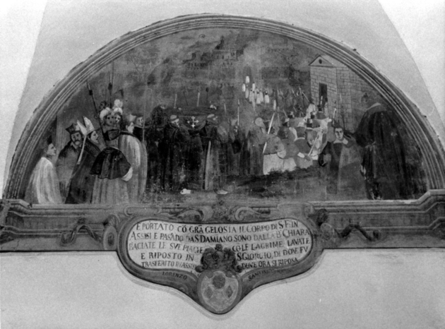 TRASPORTO DI SAN FRANCESCO D'ASSISI (lunetta) di Manfredi Domenico (sec. XVII)