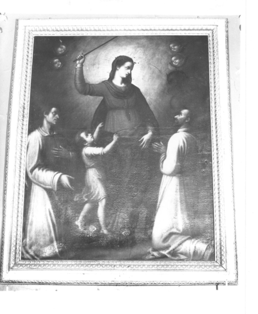 Madonna del soccorso tra due religiosi in ginocchio (dipinto) - ambito italiano (fine/inizio secc. XVII/ XVIII)