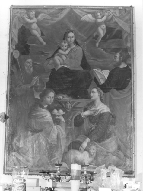 Madonna in trono con Bambino, San Francescodi Paola, Sant'Agata, Sant'Agnese, San Paolo (dipinto) - ambito italiano (metà sec. XVII)