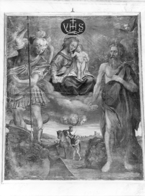 Madonna con Bambino in gloria con San Michele Arcangelo, San Martino e San Girolamo (dipinto) - ambito italiano (sec. XVII)