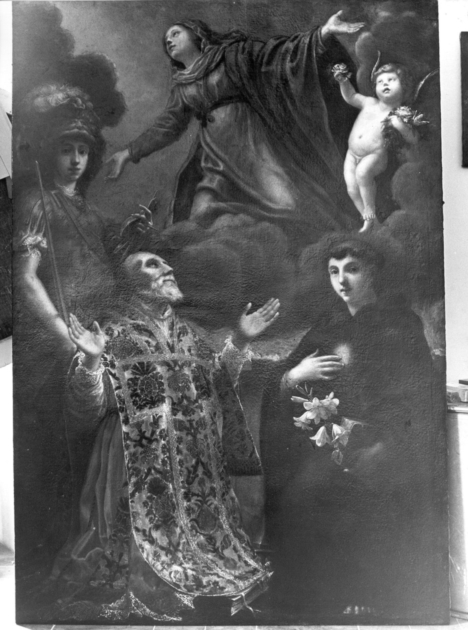 MADONNA IN GLORIA CON SAN NICOLA DA TOLENTINO, SAN FILIPPO NERI E SANTO GUERRIERO (dipinto) di Pignoni Simone (cerchia) (seconda metà sec. XVII)