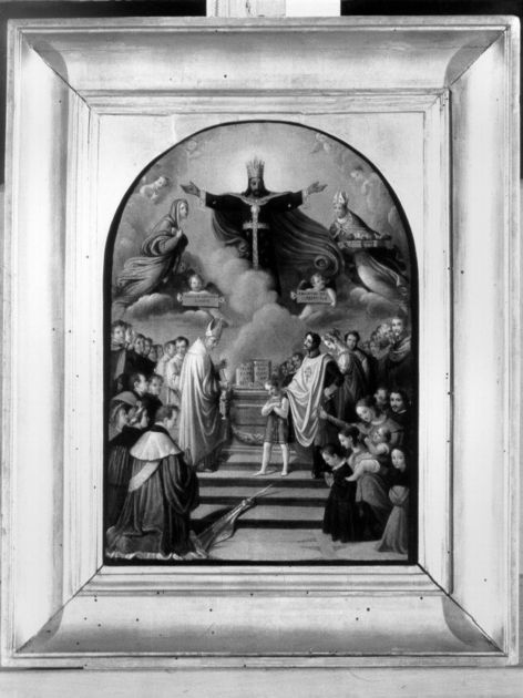 Lucca rende omaggio al Volto Santo, Il Volto Santo fra la Madonna e San Frediano onorati dalla famiglia di Carlo Lodovico di Borbone e dai lucchesi (dipinto) di Ridolfi Michele (sec. XIX)