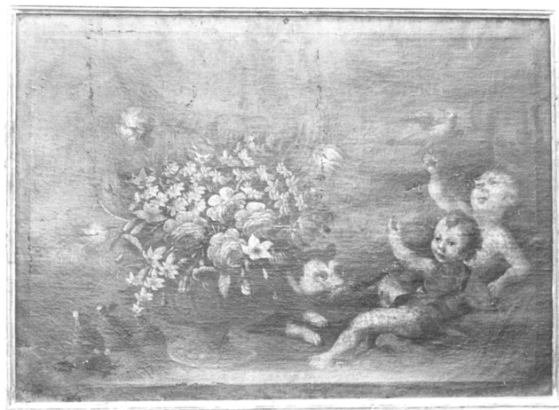 cesto di fiori, gatto e due puttini (dipinto) di Tommasi Guglielmo (seconda metà sec. XVIII)