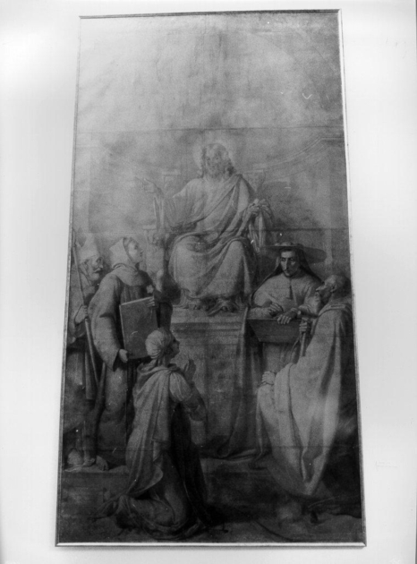 Gesù che dà l'Evangelio a varii santi, Cristo in trono fra cinque santi (disegno) di Ridolfi Michele (sec. XIX)