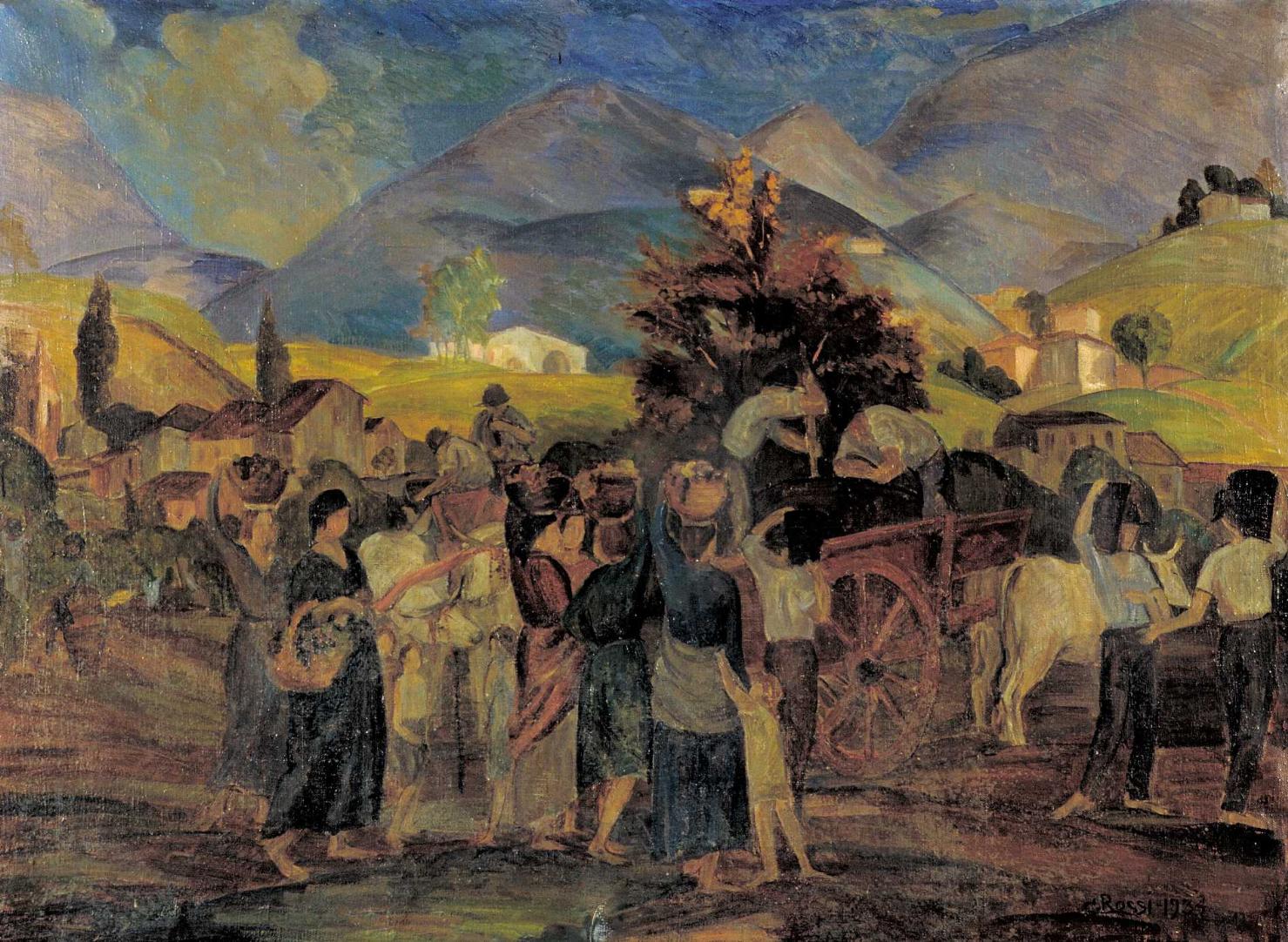 Paesaggio (la vendemmia), veduta con scena di vendemmia (dipinto, opera isolata) di Rossi Gino (sec. XX)