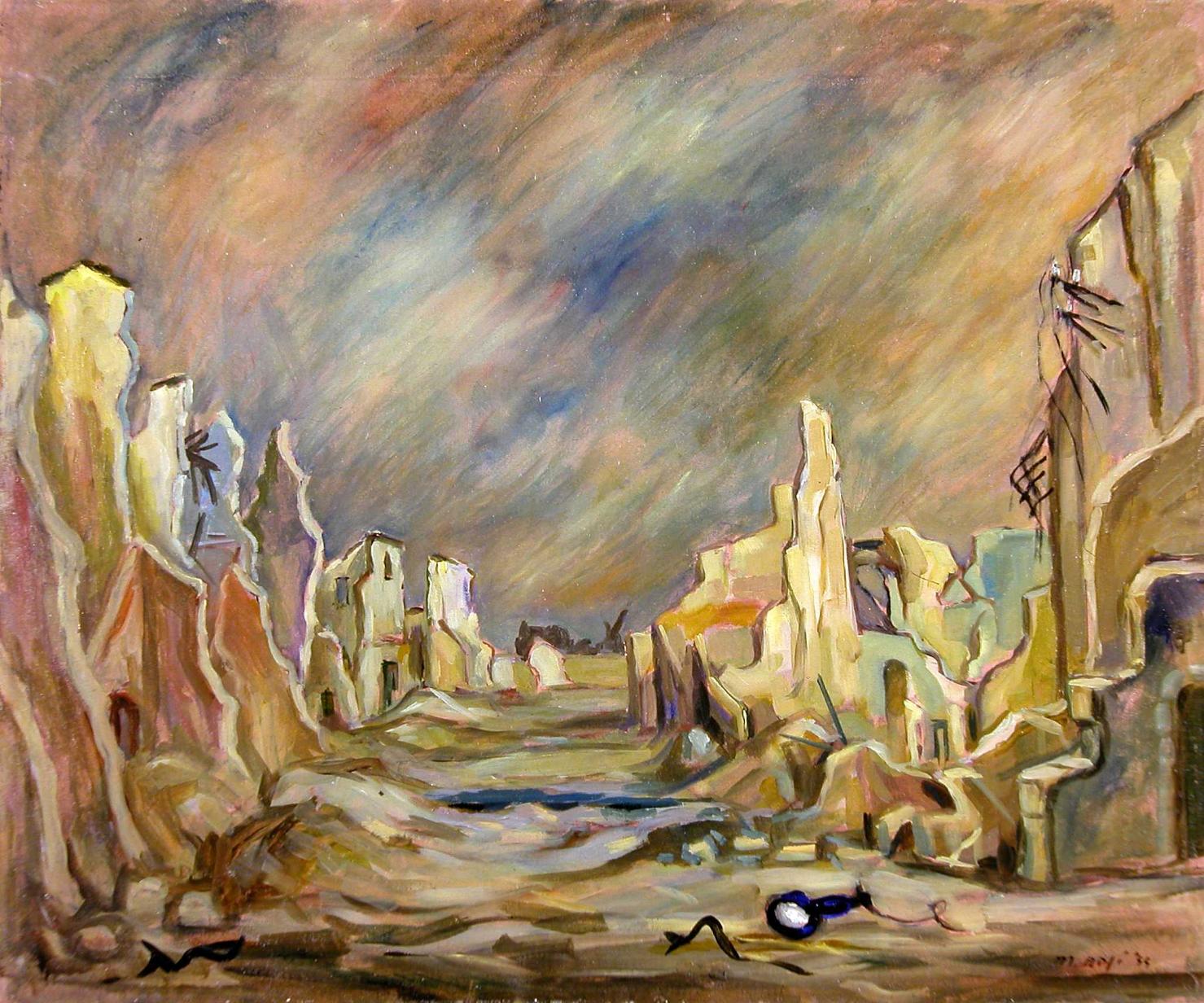 Pisa distrutta, veduta di città (dipinto, opera isolata) di Rosi Mino (sec. XX)
