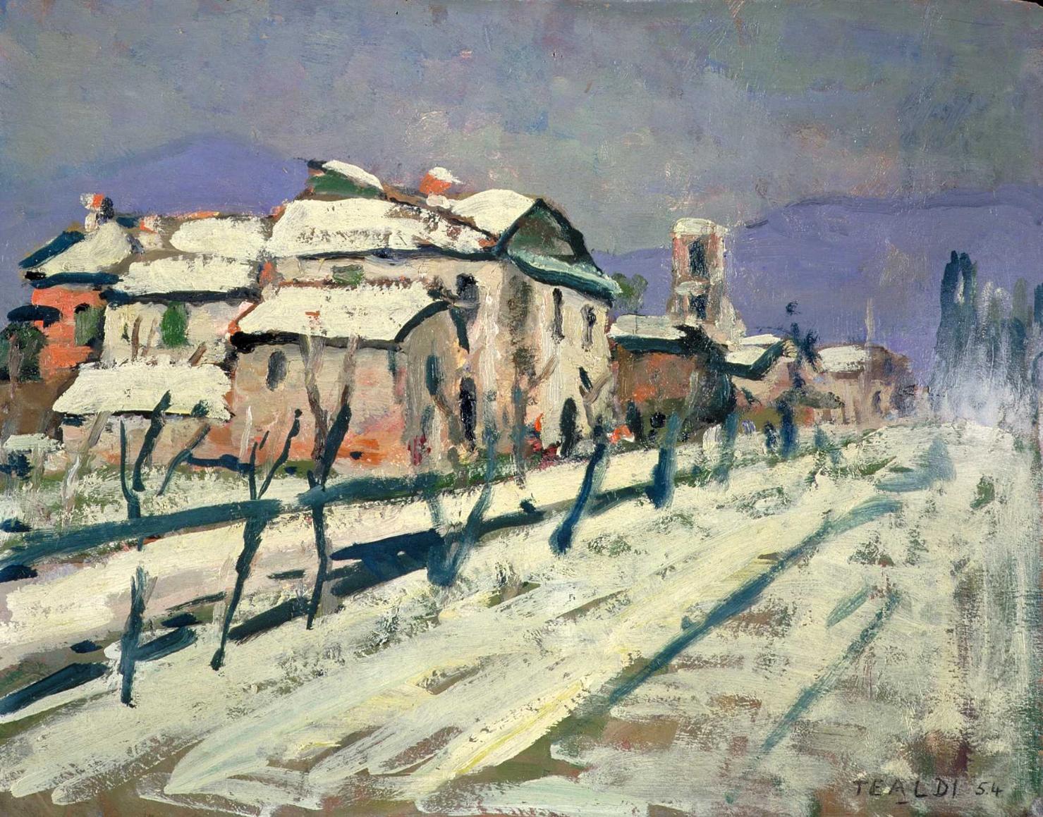 Nevicata, paesaggio (dipinto, opera isolata) di Tealdi Ascanio (sec. XX)