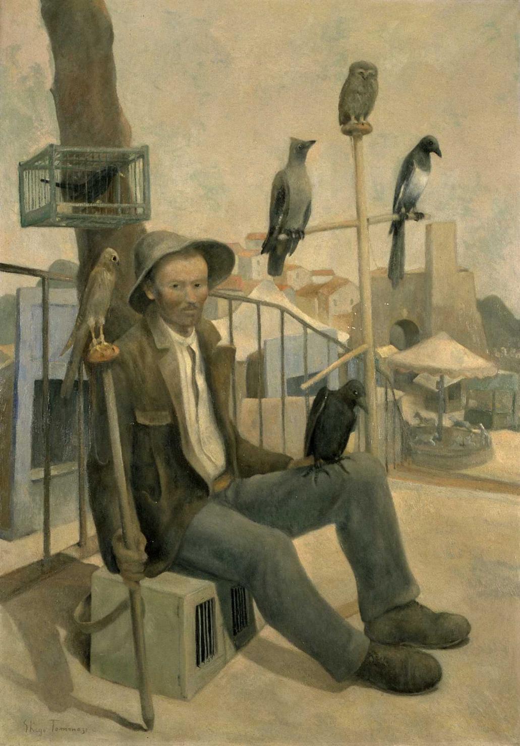 Venditore di uccelli, figura maschile con volatili (dipinto, opera isolata) - ambito italiano (seconda metà sec. XX)