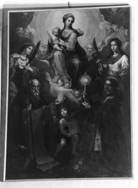 Madonna con Bambino, Sant'Antonio Abate, Santa Lucia, Sant'Apollonia e altro santo (dipinto) di Mannucci Gaspare (sec. XVII)