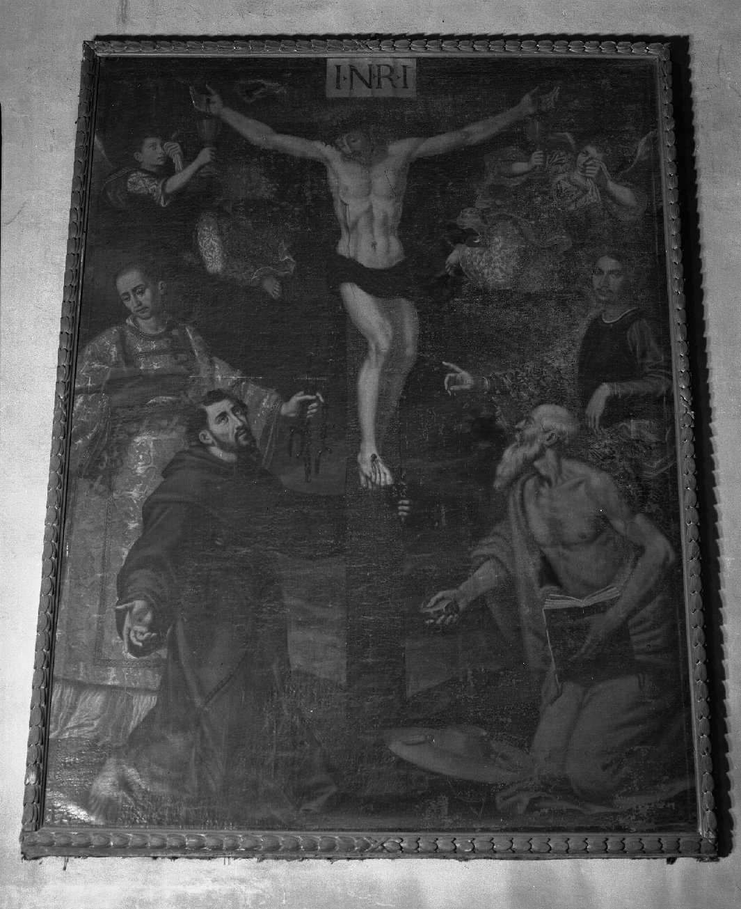 Crocifissione con angeli che raccolgono il sangue di Cristo e santi (dipinto, opera isolata) - ambito toscano (prima metà sec. XVII)