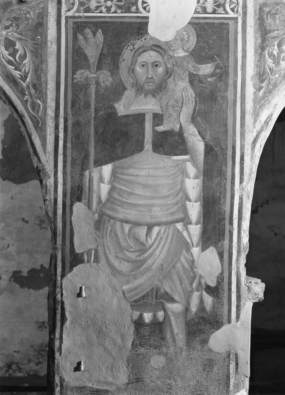 San Cristoforo guada il fiume con Gesù Bambino sulle spalle (dipinto, complesso decorativo) - ambito aretino (inizio sec. XV)