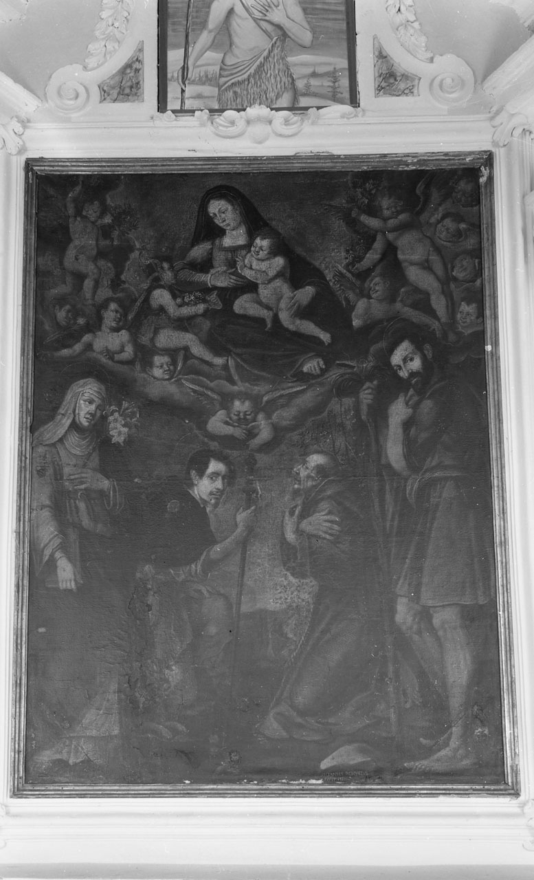 Madonna con Bambino tra S. Rocco, S. Francesco d'Assisi e S. Jacopo (dipinto) - bottega toscana (sec. XVII)